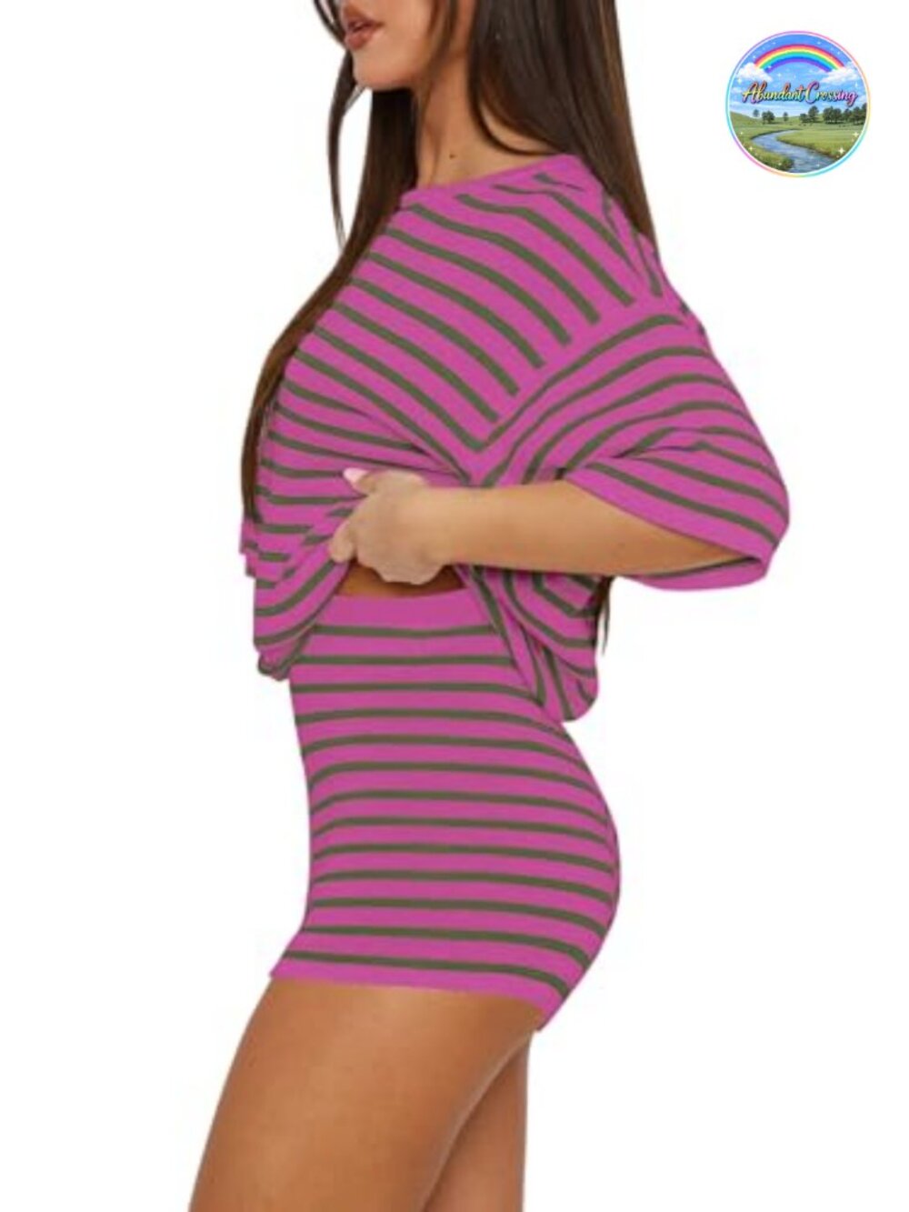 2 Piece Knit Lounge Set Matching Striped Short Sleeve Top & Shorts Women's